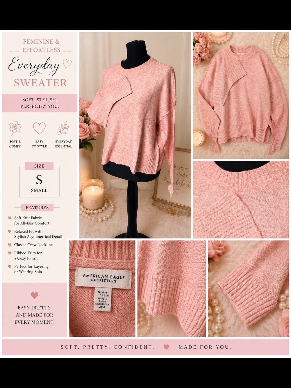 American Eagle Outfitters Blush Pink Asymmetrical Crewneck Sweater